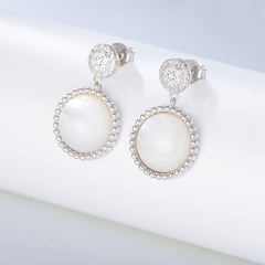 Round Mother of Pearl with Zircon Silver Drop Earrings for Women