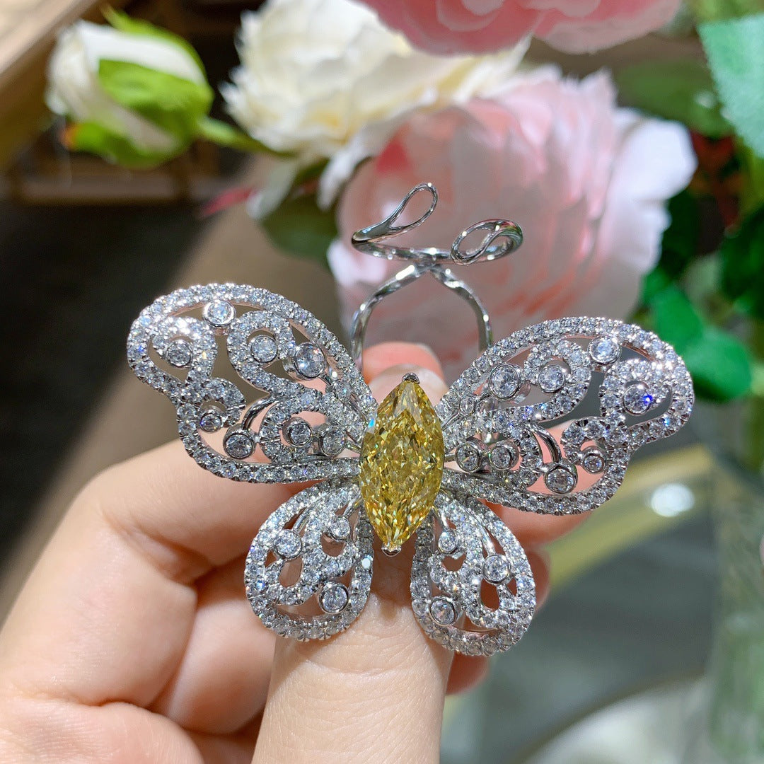 Yellow Zircon Marquise Ice Cut Active Butterfly Luxurious Silver Ring