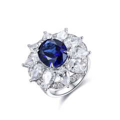 Luxury Flower Halo Lab Created Sapphires Oval Ring