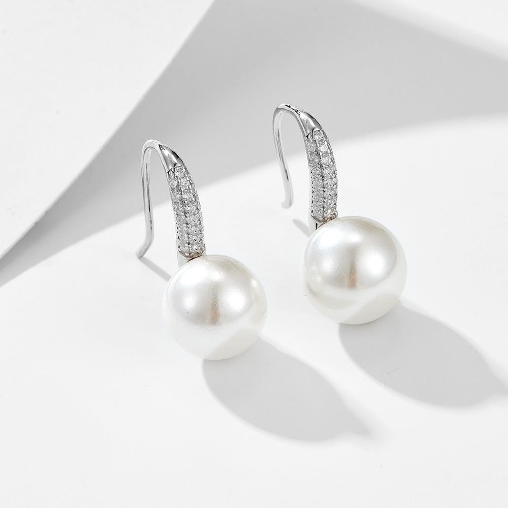 Round Pearl Zircon Sterling Silver Hook Earrings