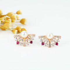 Zircon Fan with Freshwater Pearl Silver Studs Earrings for Women