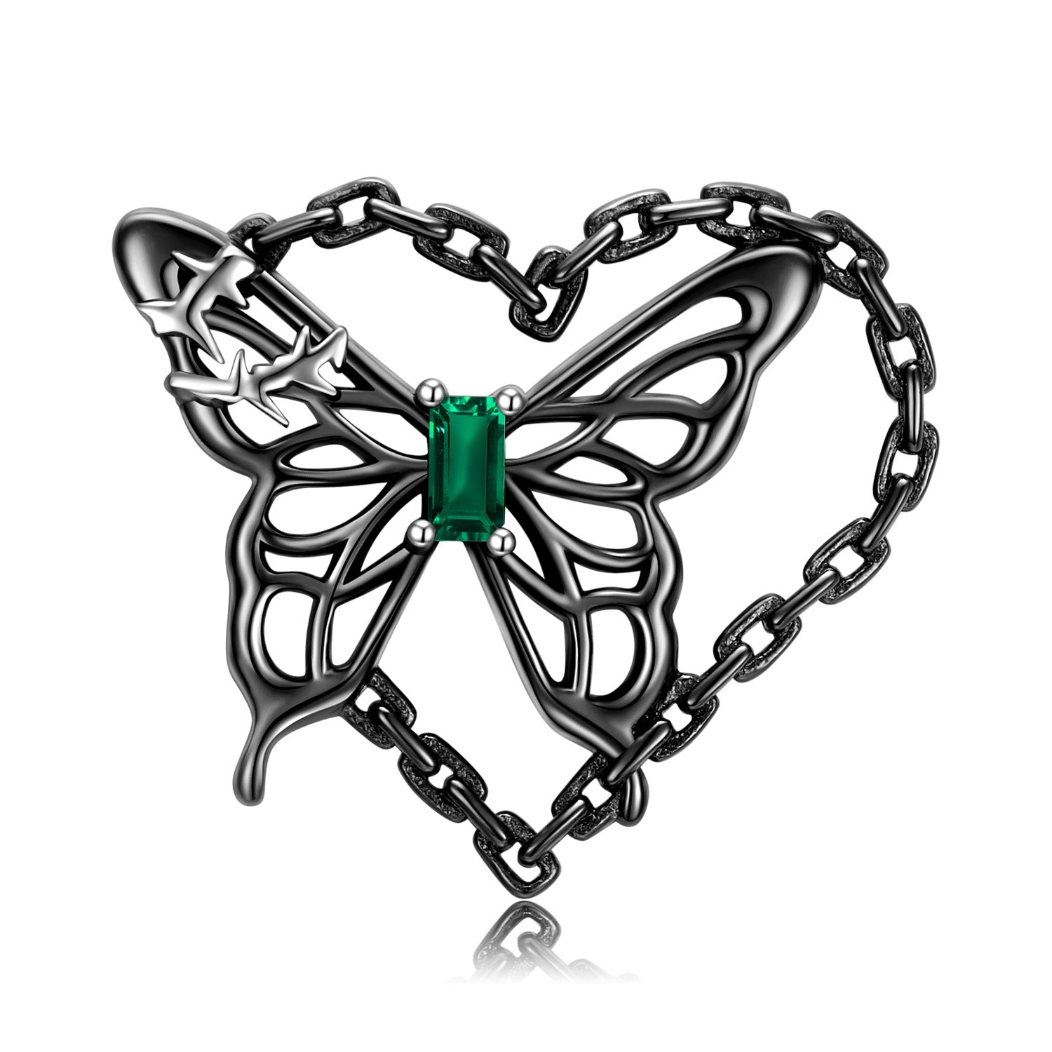 Hollow Butterfly Heart Shape Pendant with Green Zircon Silver Necklace