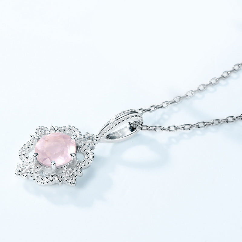 Round Cut Pink Crystal Flower Silver Necklace