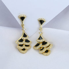 Group Black Fan with Zircon Silver Drop Earrings for Women