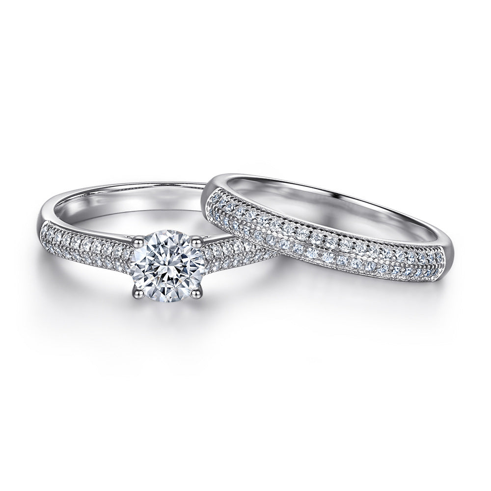 Round Zircon Four Prongs Cathedral Silver Ring Set
