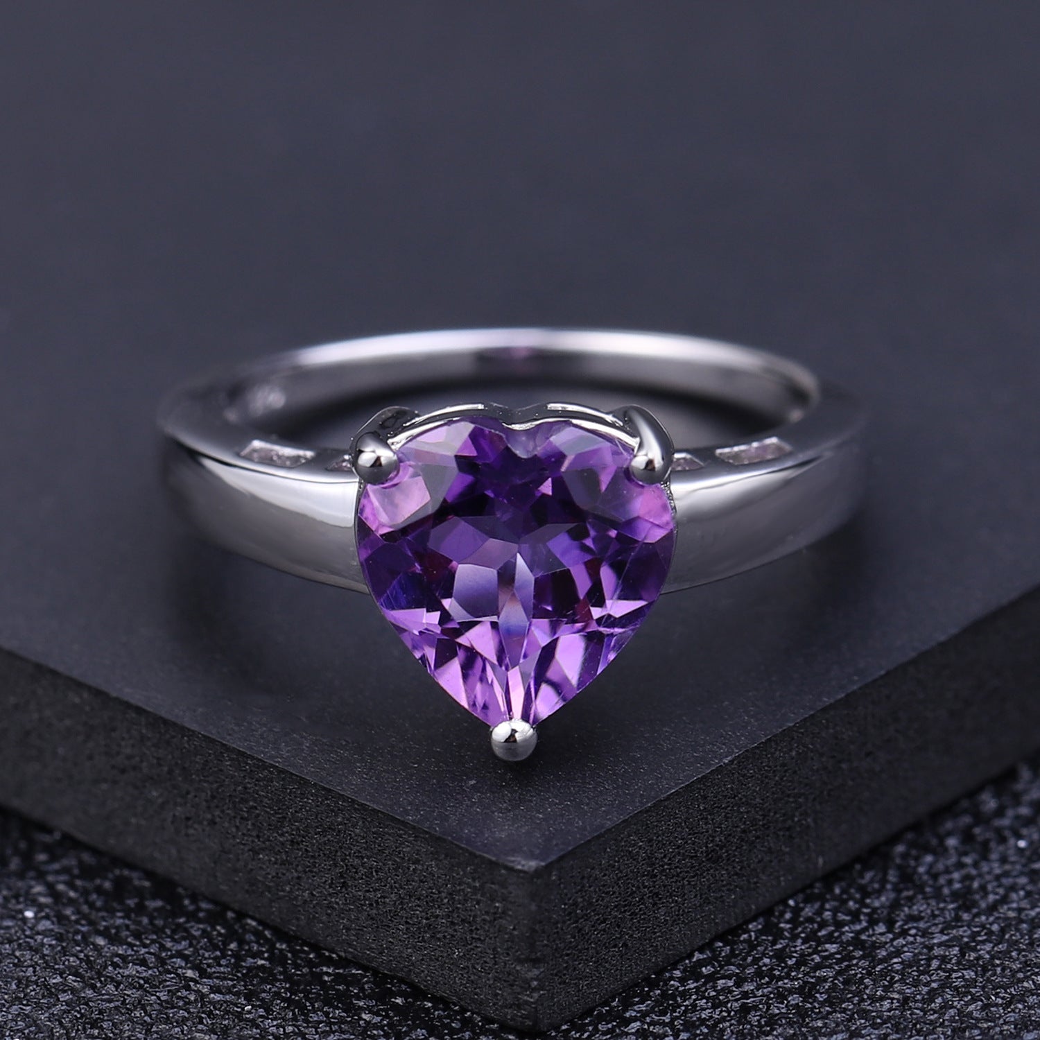 Natural Amethyst Heart Shape Solitaire Silver Ring for Women