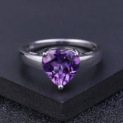 Natural Amethyst Heart Shape Solitaire Silver Ring for Women