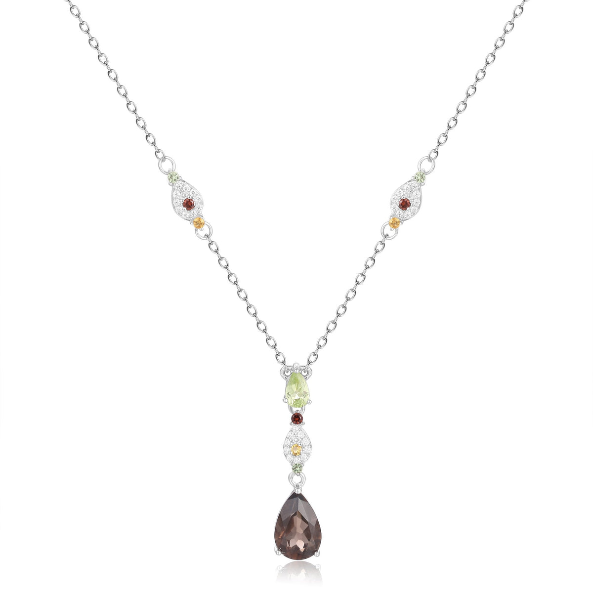 French Romantic Luxury Jewelry Design Inlaid with Natural Colourful Gemstone Pear Drop Pendant Silver Necklace for Women