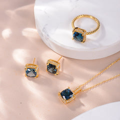 Soleste Halo Square Natural London Blue Topaz Silver Necklace