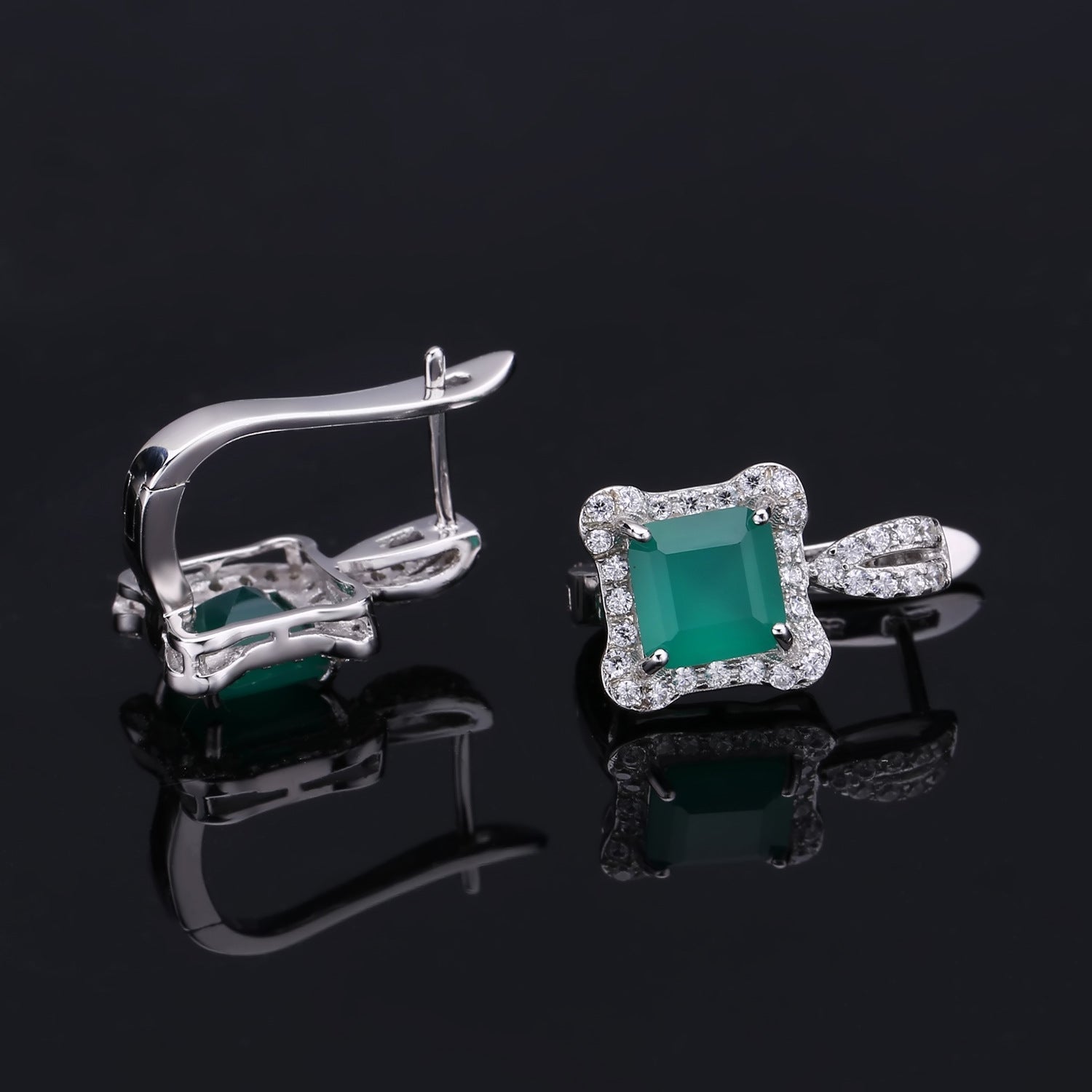 Natural Green Agate Soleste Halo Square Silver Studs Earrings for Women