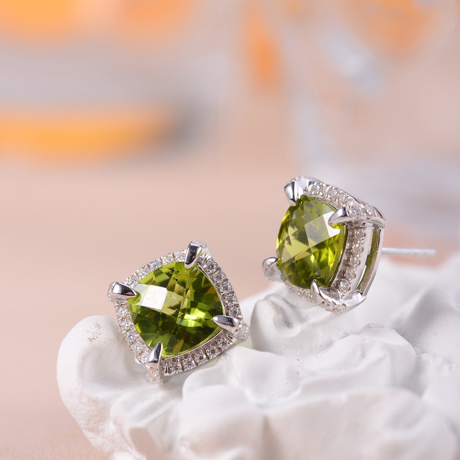 Soleste Halo Square Natural Olivine Silver Stud Earrings