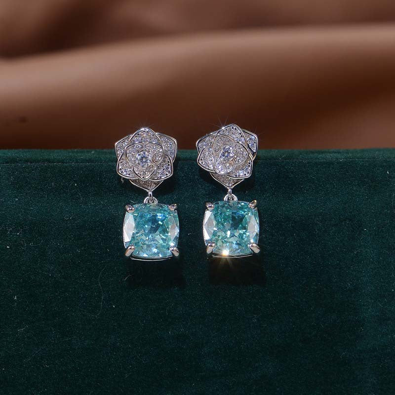 Square Green Zircon Camellia Drop Earrings