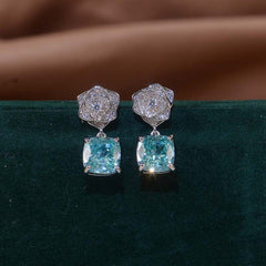 Square Green Zircon Camellia Drop Earrings