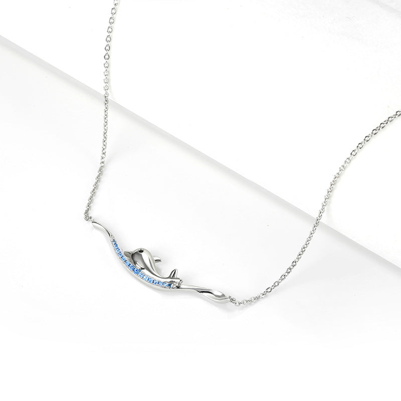 Swimming Dolphin with Blue Zircon Silver Necklace for Women