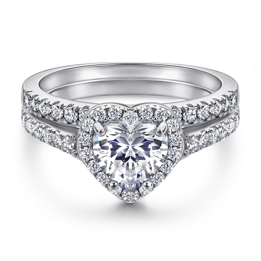Heart-shape Zircon Soleste Halo with Half Eternity Silver Ring Set for Women