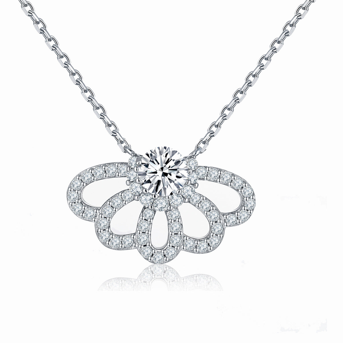 Round Zircon Hollow Fan Pendant Sterling Silver Necklace