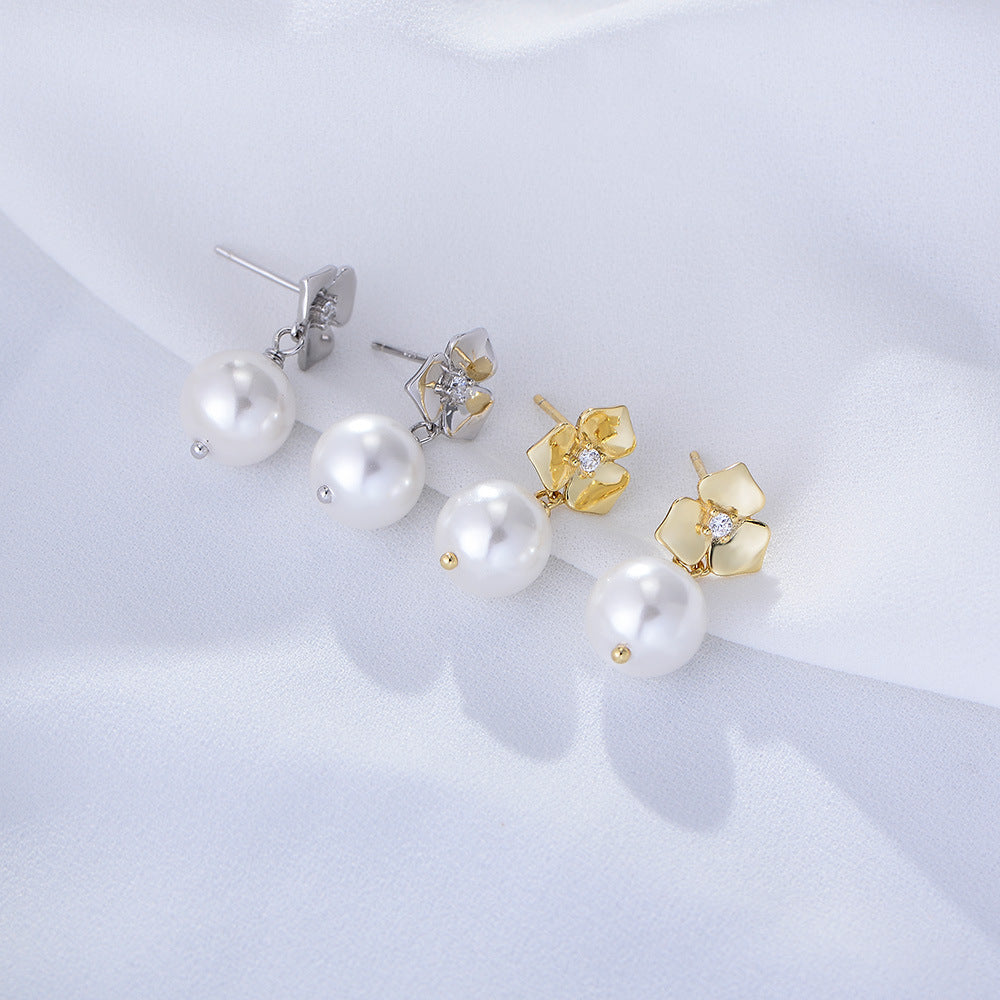 Ball Pearl with Flower Silver Drop Earrings for Women