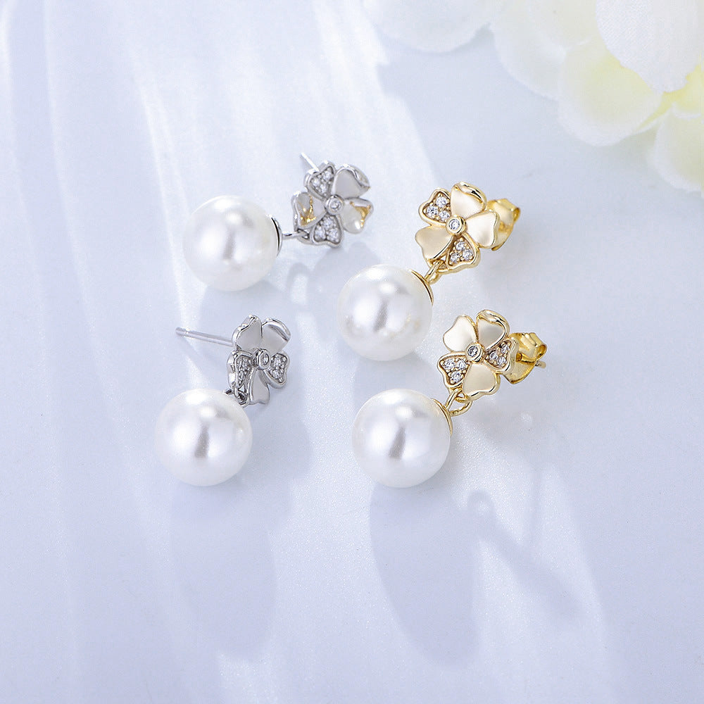 Ball Pearl with Zircon Flower Silver Drop Earrings for Women