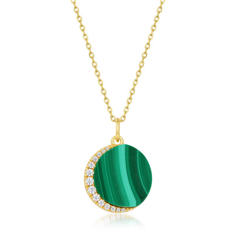 Round Malachite Pendant Star Moon Zircon Sterling Silver Necklace