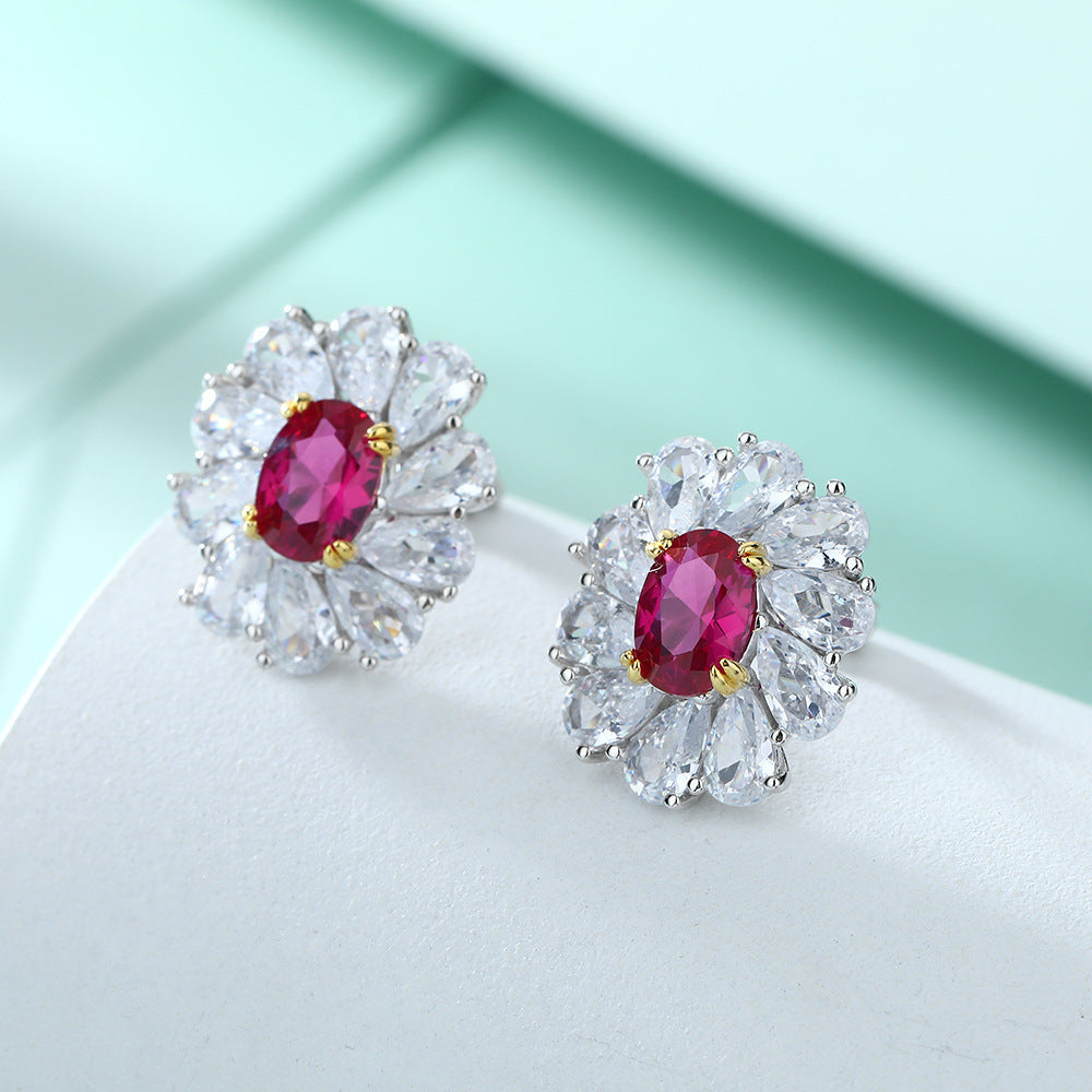 Oval Purple Zircon Flower Shape Silver Studs Earrings for Women