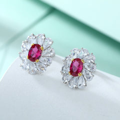 Oval Purple Zircon Flower Shape Silver Studs Earrings for Women