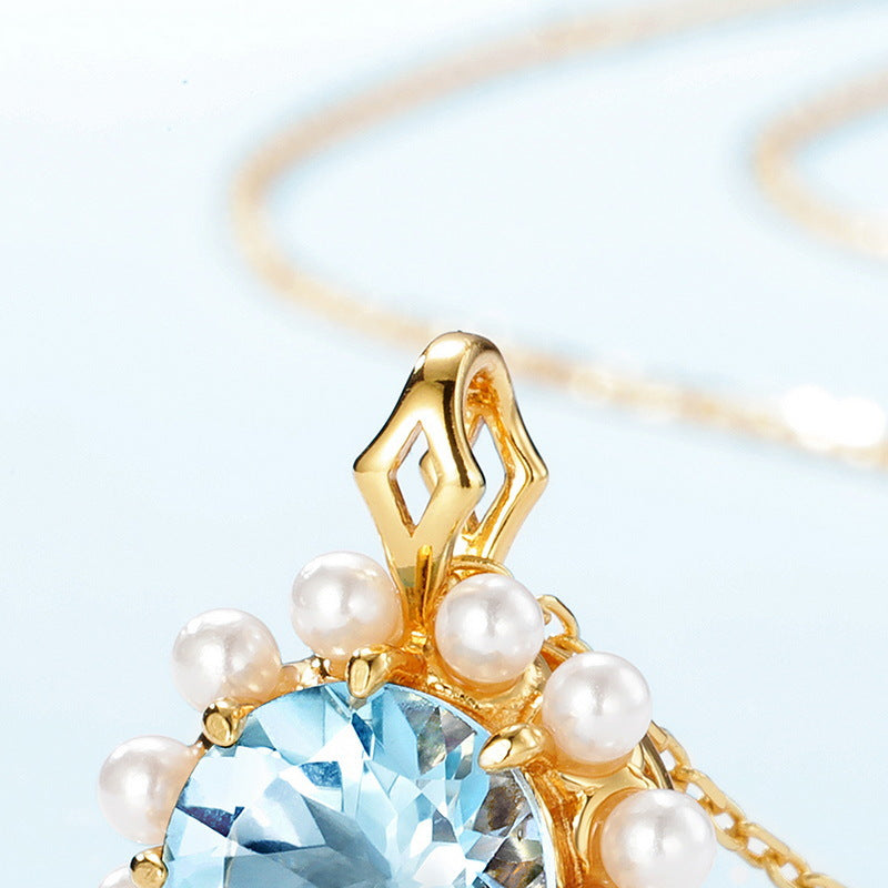 Round Sky Blue Topaz Pendant Pearl Sterling Silver Necklace