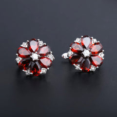 Natural Garnet Flower Design Silver Studs Earrings for Women