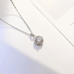 Round Zircon Soleste Halo Pendant Silver Necklace for Women