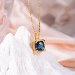 Soleste Halo Square Natural London Blue Topaz Silver Necklace