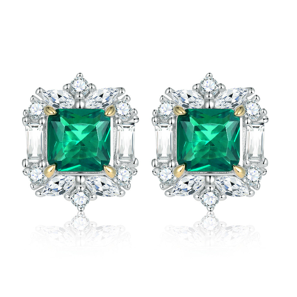 Green Square Zircon Flower Design Silver Studs Earrings for Women