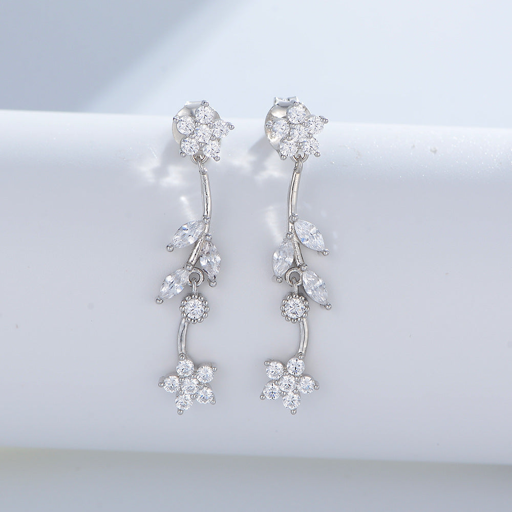 Long Leaf Flower Zircon Silver Drop Earrings for Women