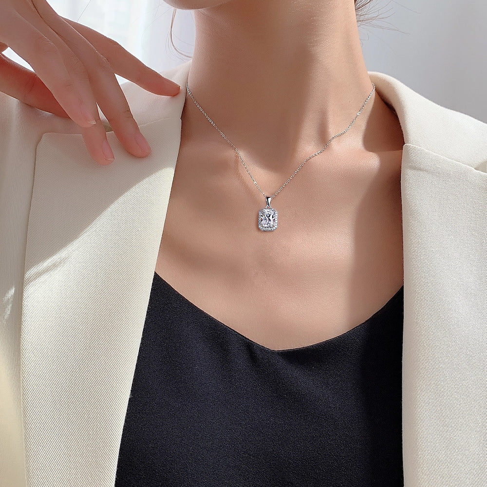 Rectangle Soleste Halo Pendant Silver Necklace for Women