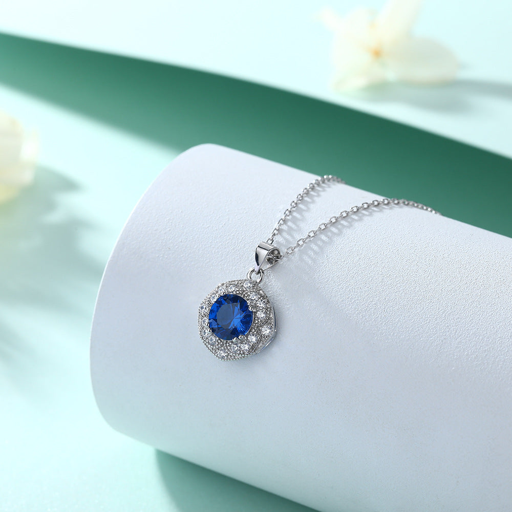 Blue Zircon Soleste Halo Pendant Silver Necklace for Women