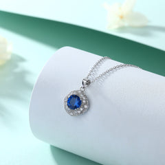 Blue Zircon Soleste Halo Pendant Silver Necklace for Women