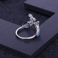 High Quality Luxury Inlaid Swiss Blue Gemstone Silver Ring for Women