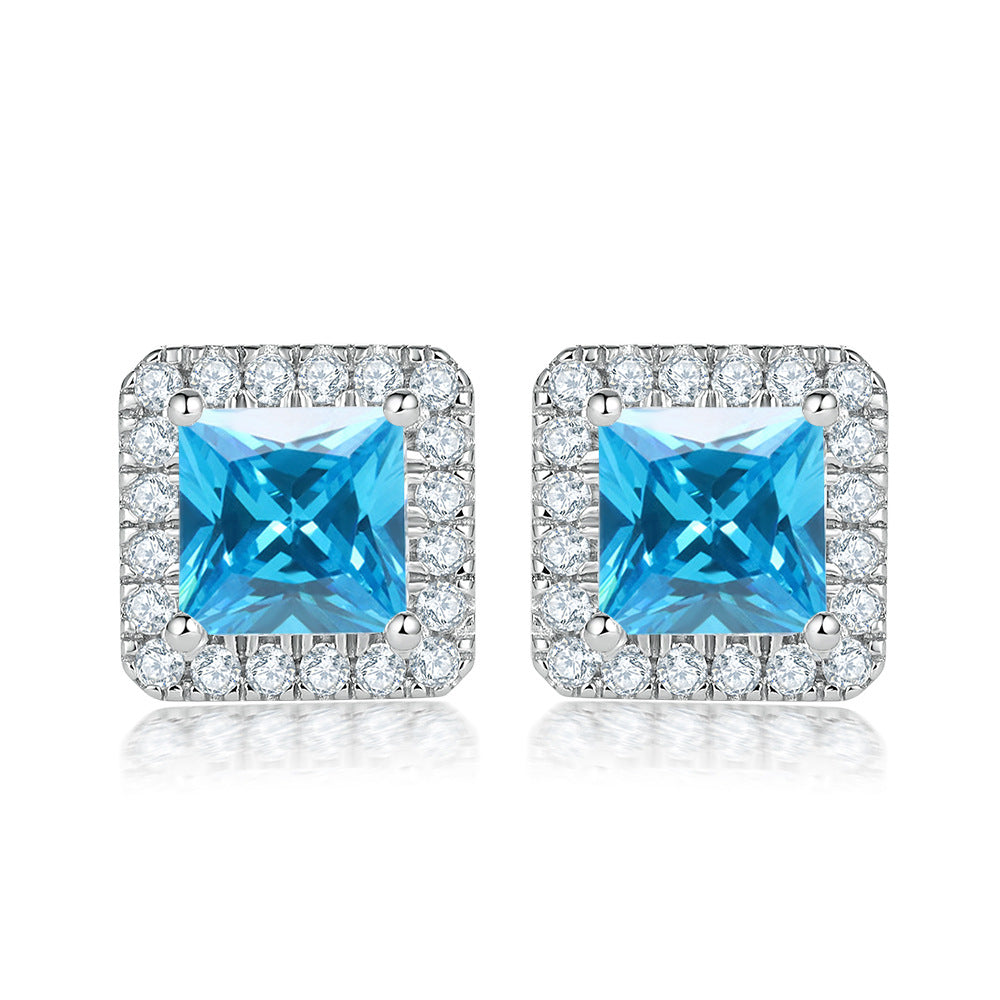 Princess Cut Zircon Soleste Halo Silver Studs Earrings for Women
