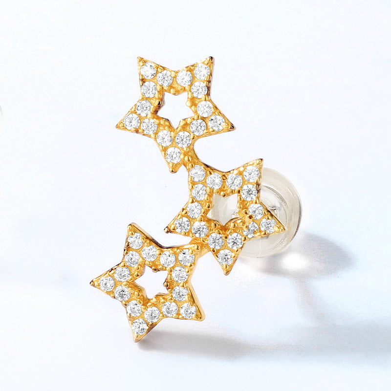 Zircon Hollow Stars Asymmetric Sterling Silver Stud Earrings