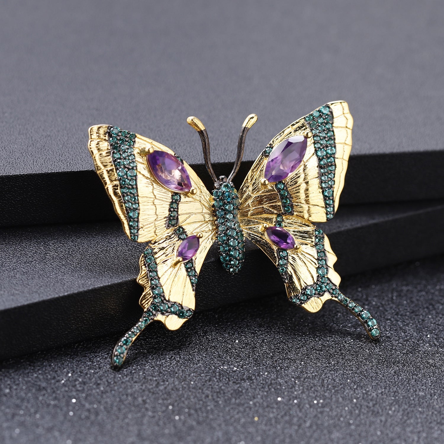 Brooch Pendant Dual-use Inlaid Natural Gemstone Butterfly Pendant Silver Necklace for Women