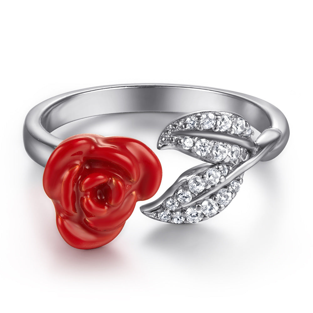 Rose with Zircon Silver Ring