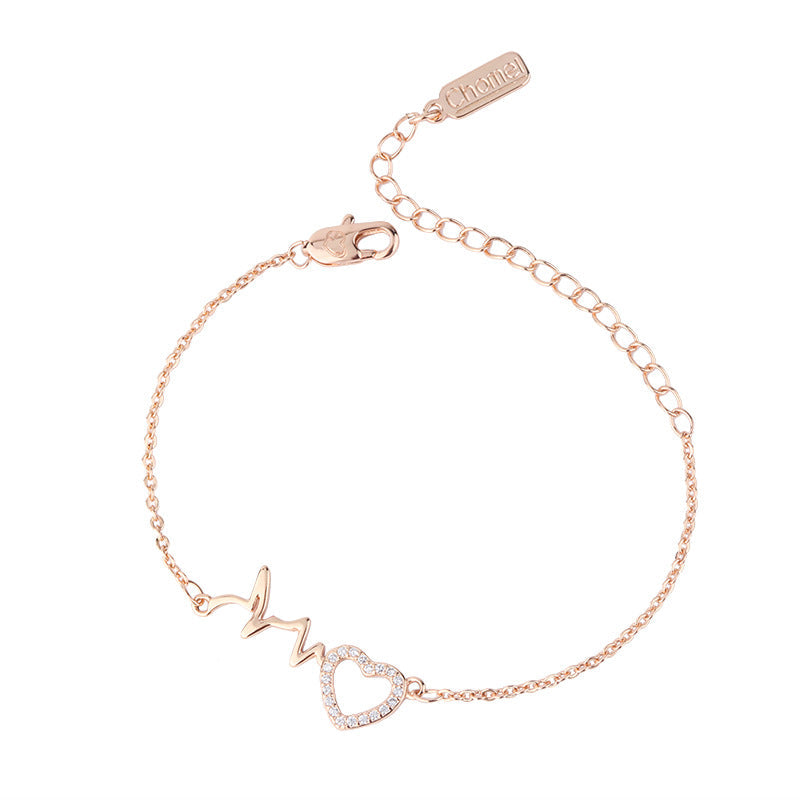 Zircon Heart with Electrocardiogram Shape Silver Bracelet for Women