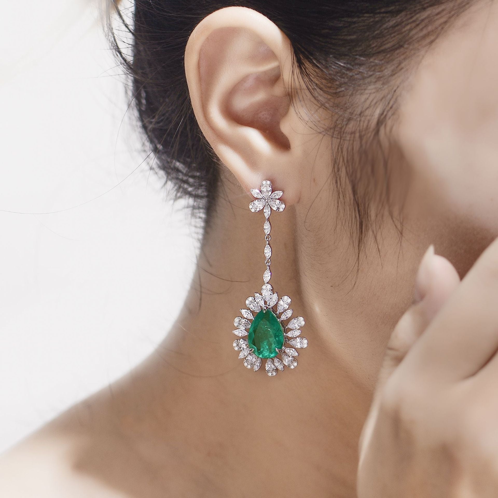 Lab-Created Emerald 10*14mm Water Drop Ice Cut Annular Petals Silver Drop Earrings for Women