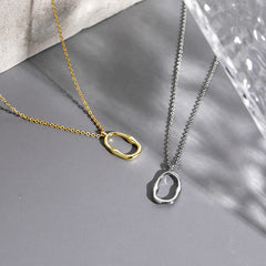 Irregular Hollow Oval Pendant Silver Necklace for Women