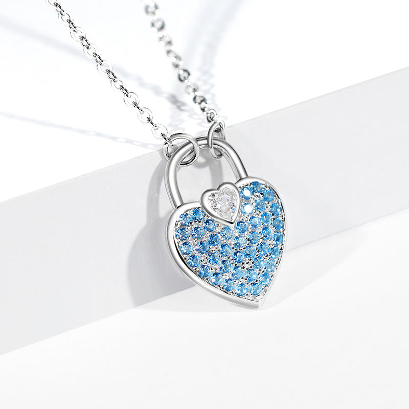 Heart Shape Lock Pendant Blue Zircon Sterling Silver Necklace