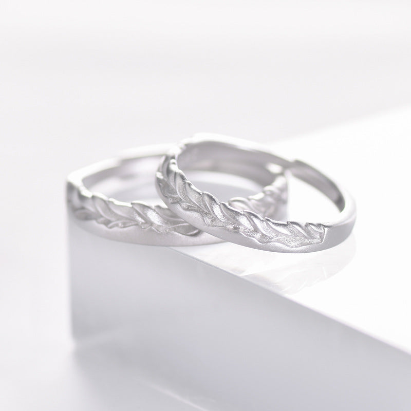 Wheat Ears Leaf Sandblasted Texture Silver Couple Ring
