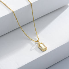 Smooth Rectangle with Zircon Soleste Halo Pendant Silver Necklace for Women