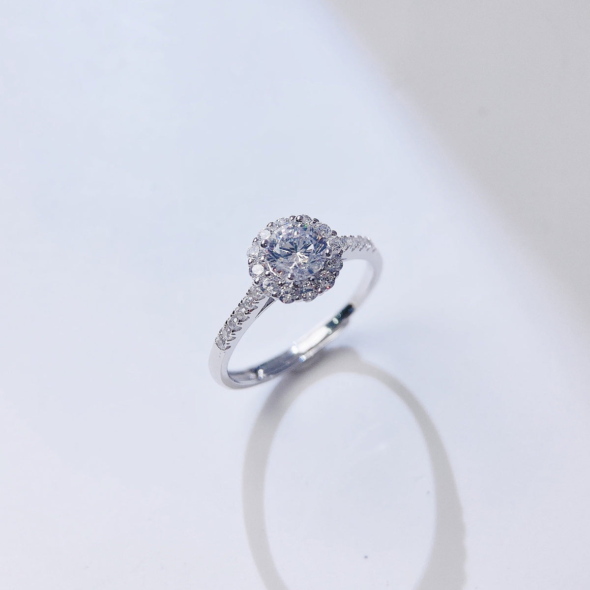 Round Zircon Flower Soleste Halo Cathedral Silver Ring