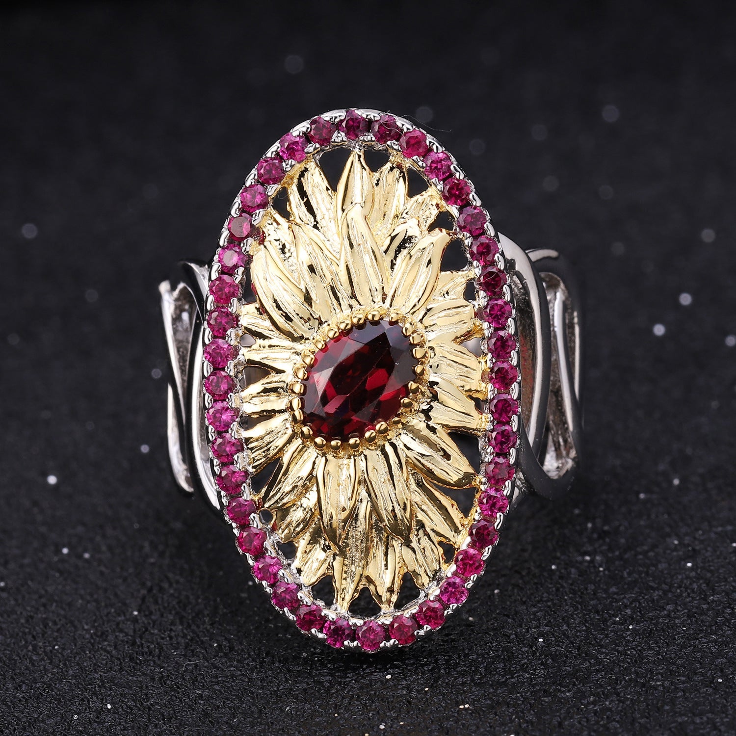 Oval Sunflower Natural Rose Pomegranate Silver Ring