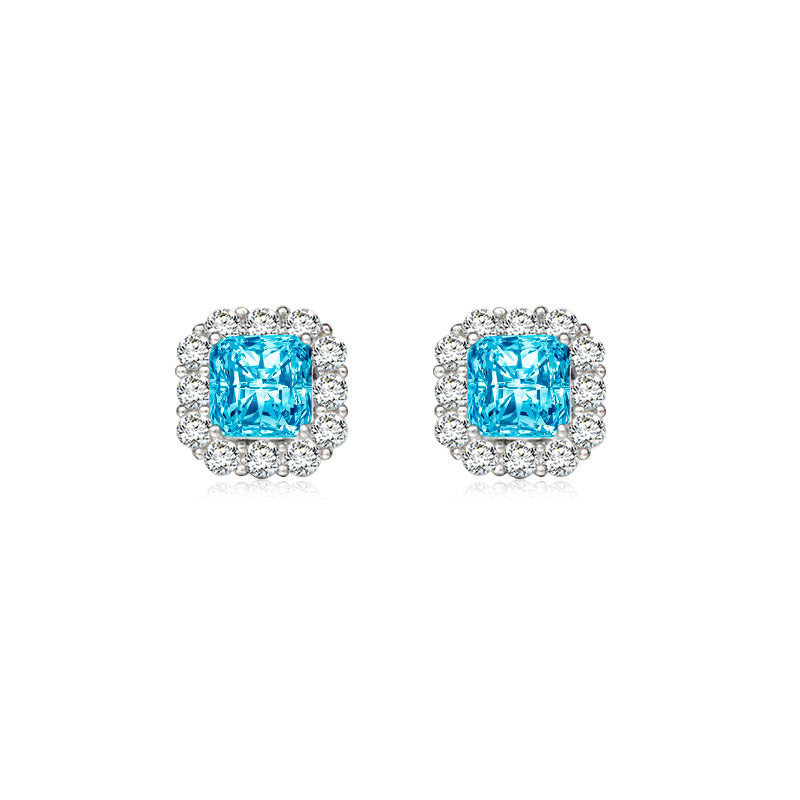 Halo Princess Cut Blue Zircon Studs