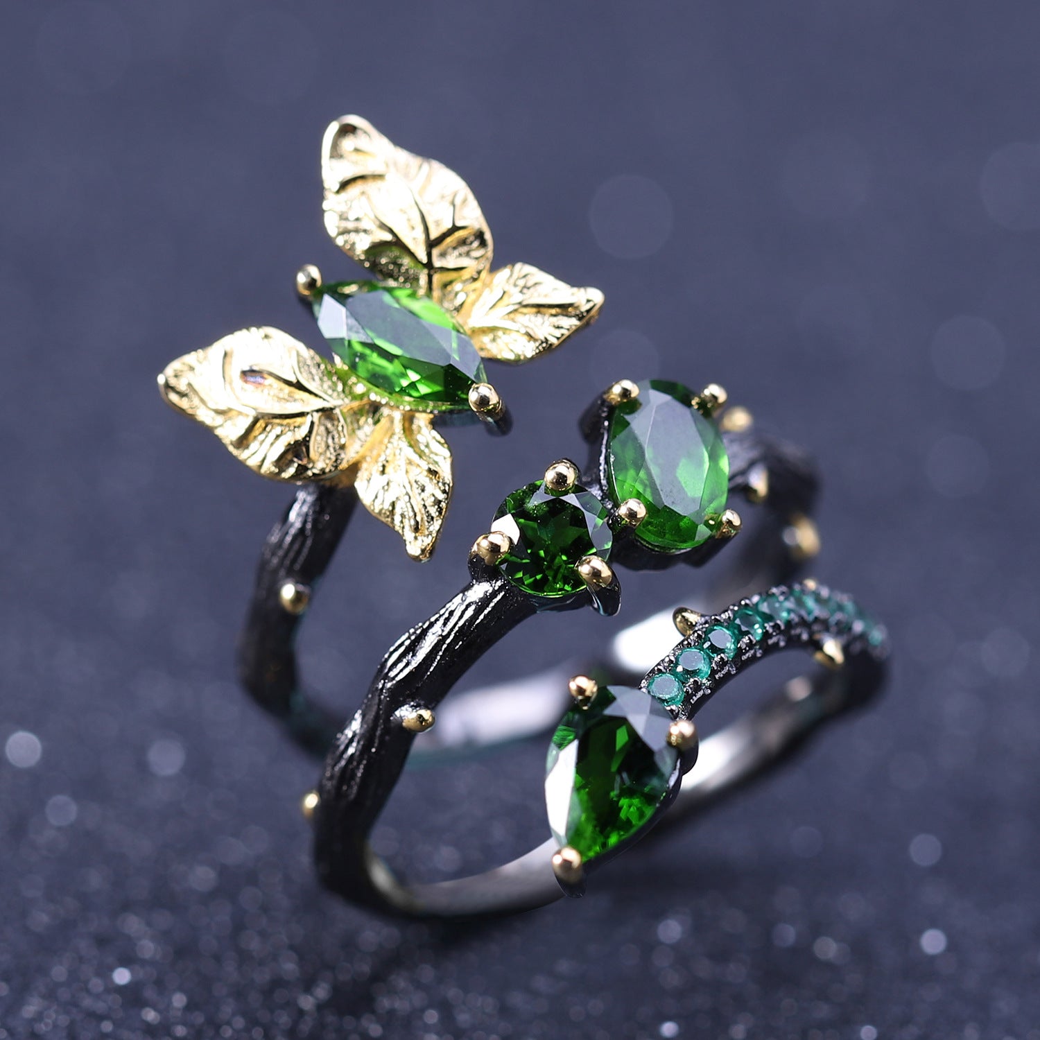 Black Secret Garden Butterfly 925 Sterling Silver Natural Diopside Ring for Women