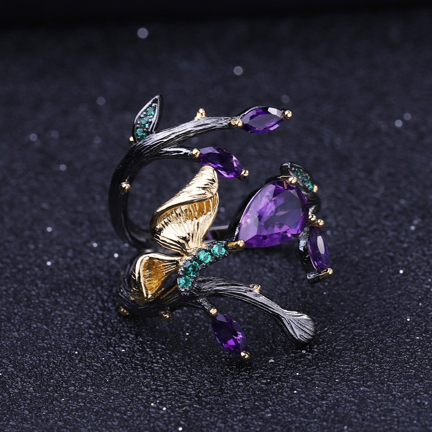 Butterfly Design Natural Amethyst S925 Silver Ring for Women